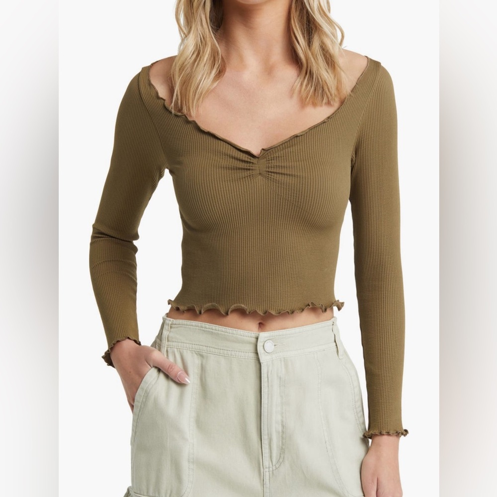 BDG URBAN OUTFITTERS Elsie Rib Long Sleeve Cropped Top, Khaki